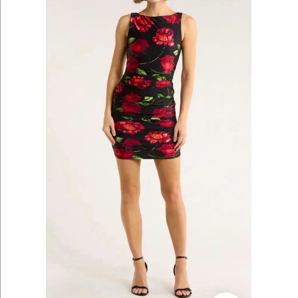 AFRM Los Angeles Leila Shiny Knit Bodycon Dress Size Medium Noir Red Roses NWOT